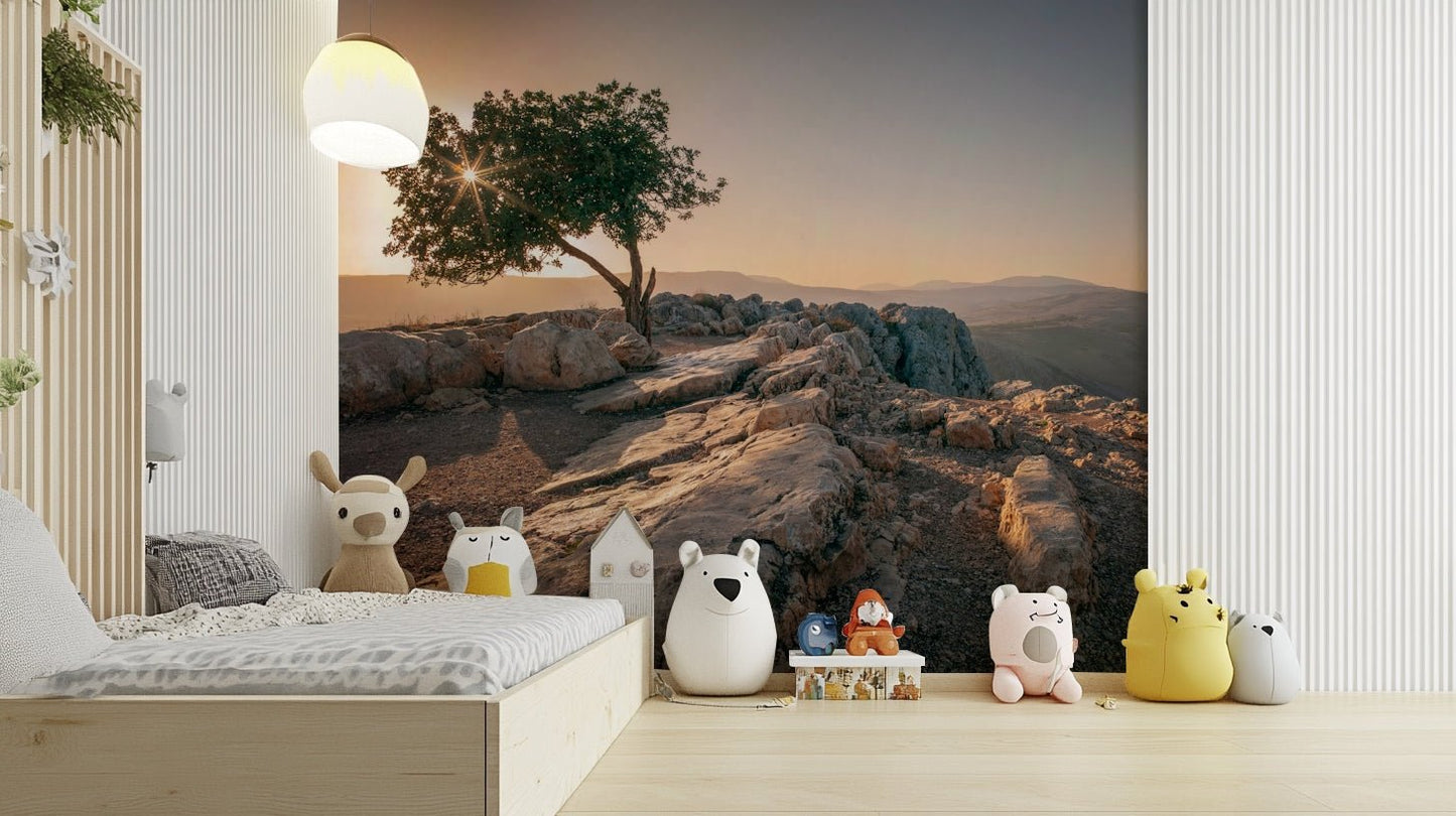 Solitary tree wall mural evoking peaceful twilight.

