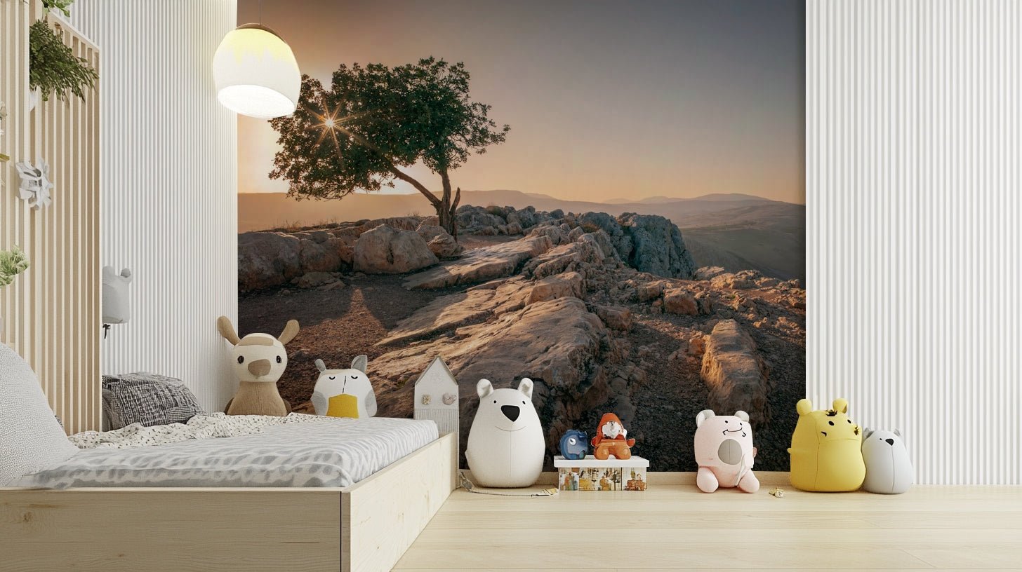 Solitary tree wall mural evoking peaceful twilight.

