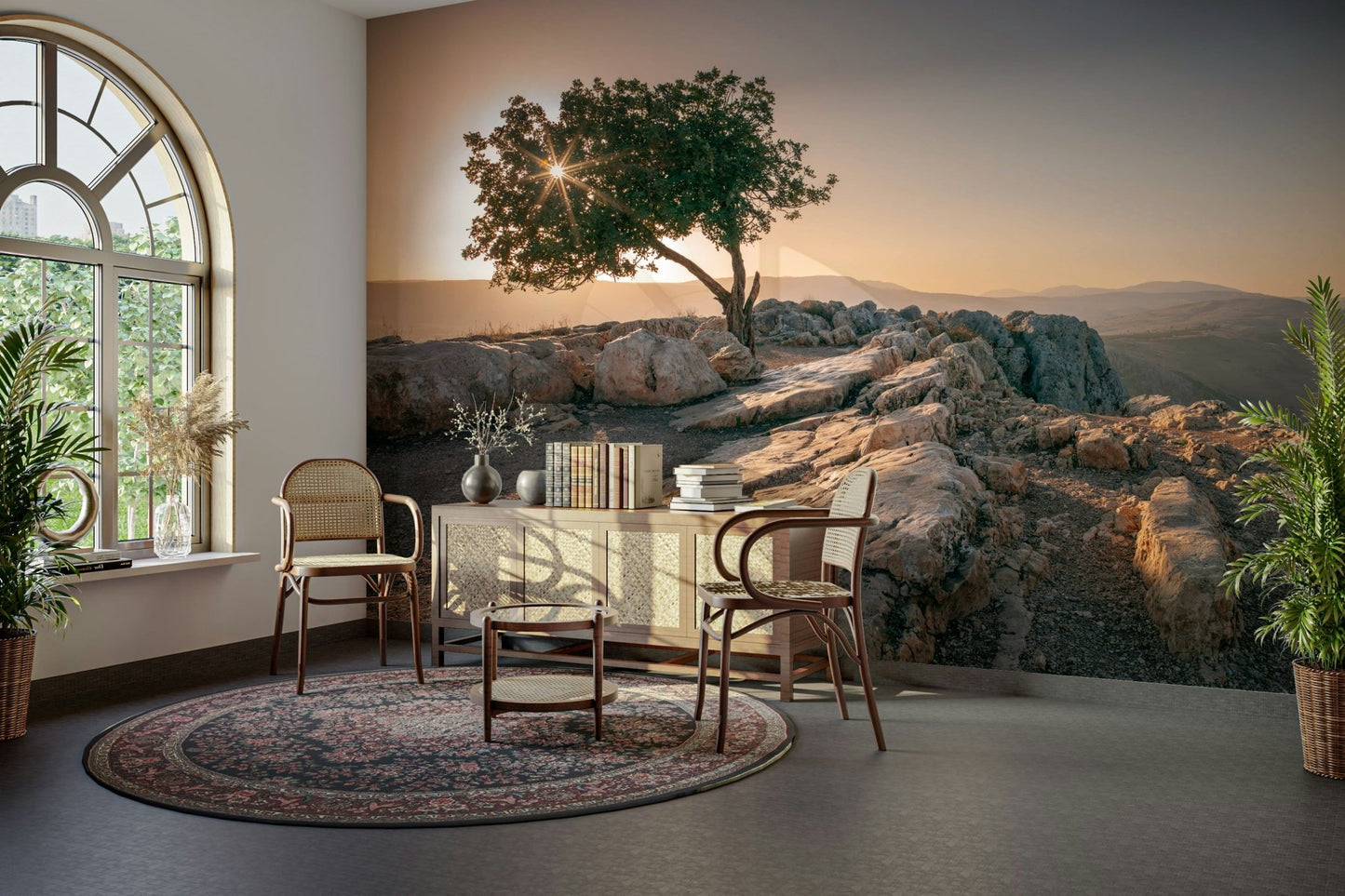 Tranquil dusk-themed wall mural with a lone tree.

