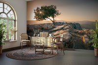 Tranquil dusk-themed wall mural with a lone tree.

