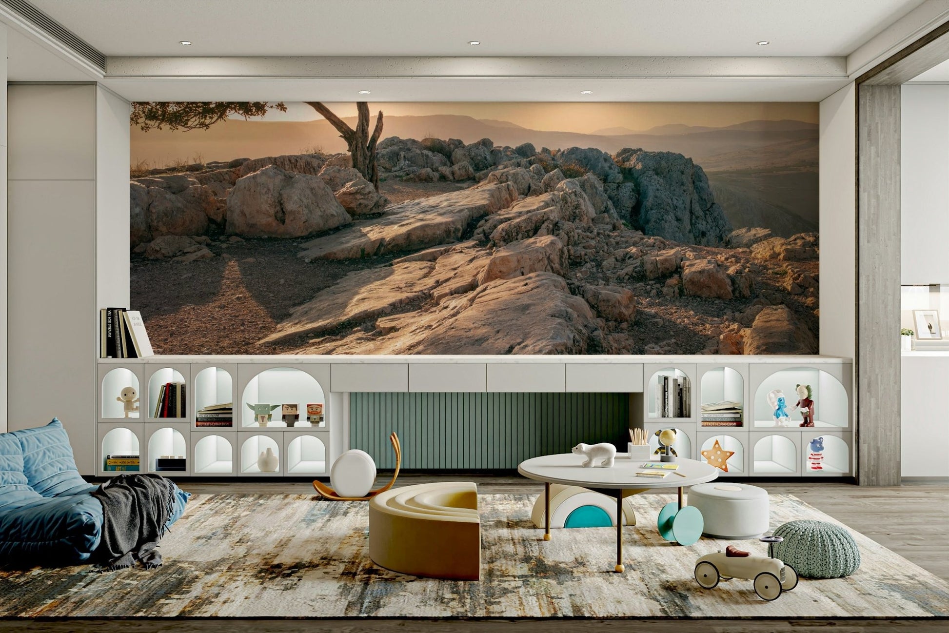 Nature-inspired solitary tree mural at sunset.

