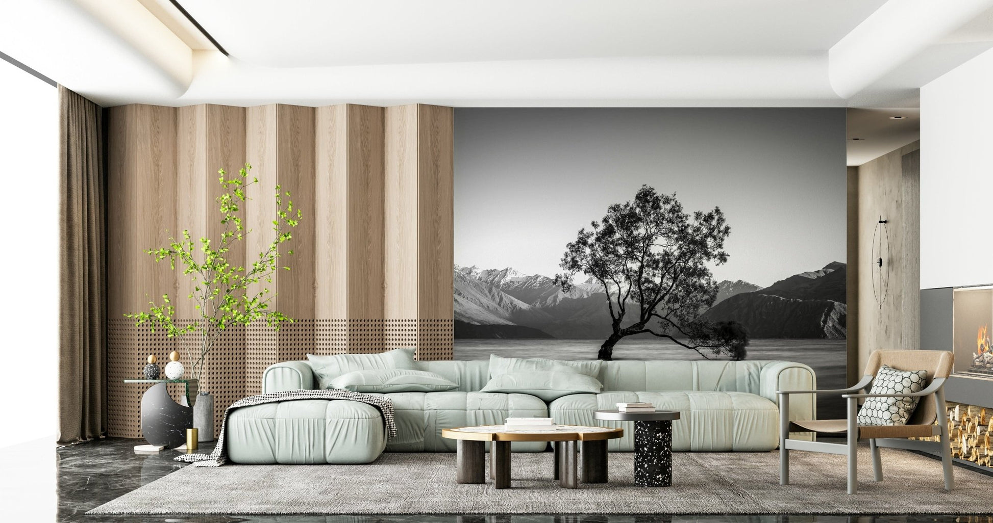 High quality Solitary Woodland mural, detailed branches, majestic mountains.