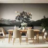 Solitary Woodland wall mural, black and white lake tree, dramatic view.