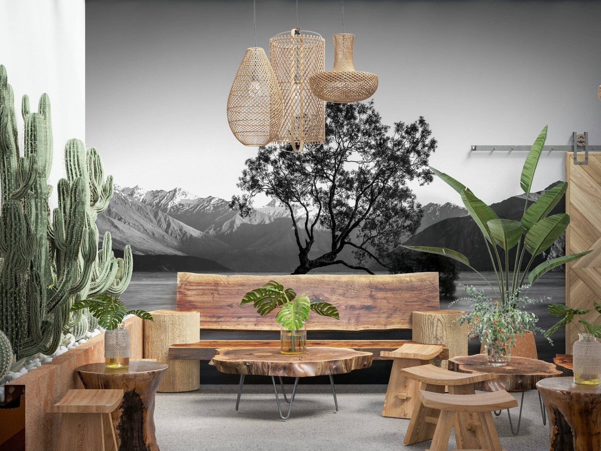 Black and white Solitary Woodland mural, alpine scene, striking contrast.