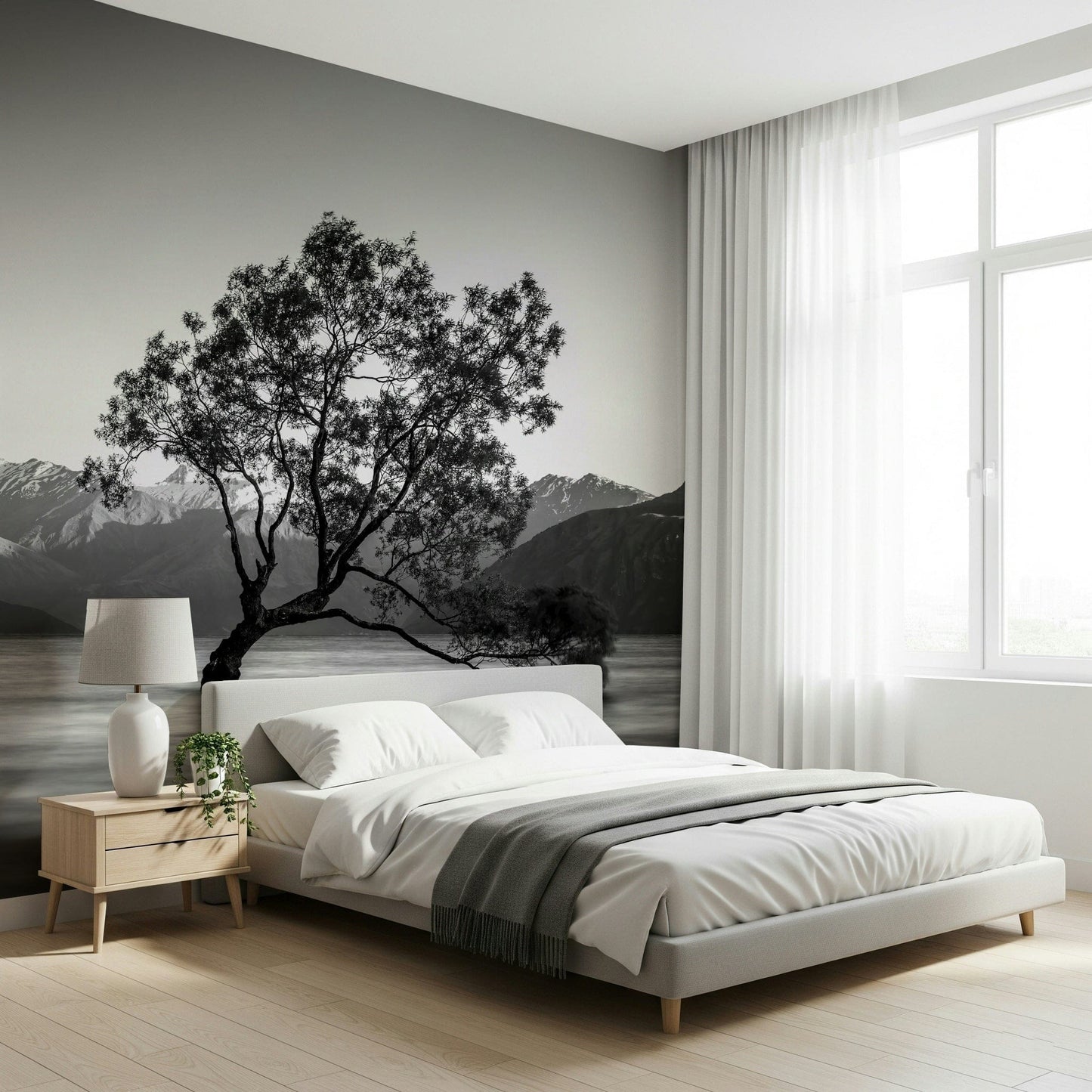 Artistic Solitary Woodland wallpaper, serene lake setting, mountain range.