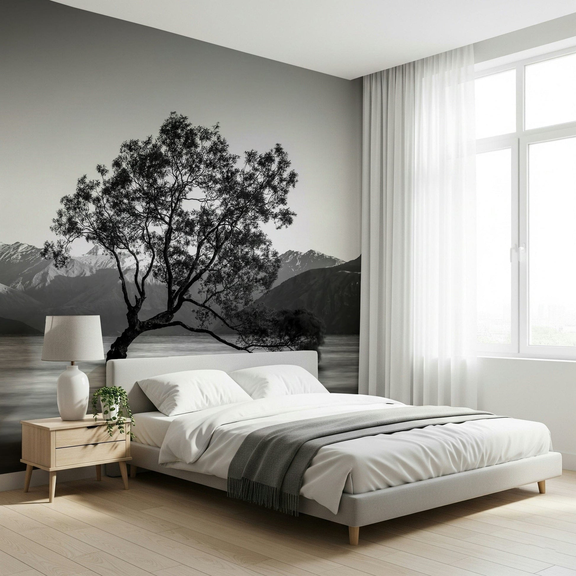 Artistic Solitary Woodland wallpaper, serene lake setting, mountain range.