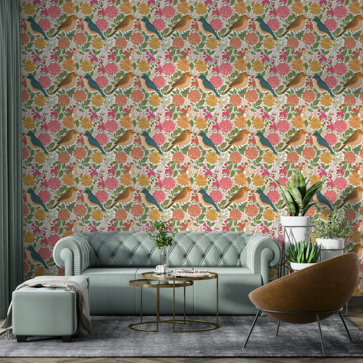 A beautiful garden bird wallpaper mural for a charming room., GD4821