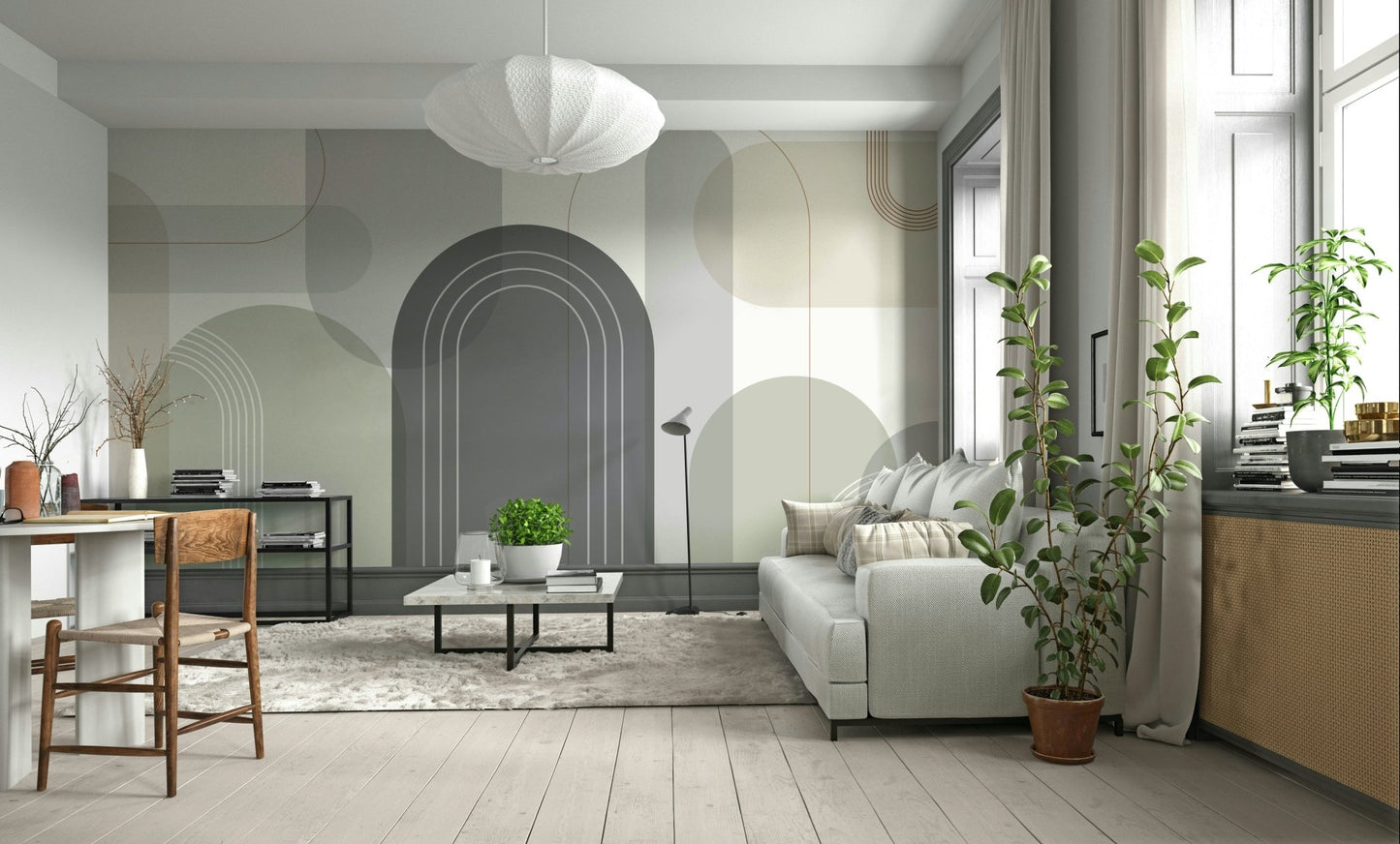 Close-up of warm neutral arch shapes mural

