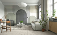 Close-up of warm neutral arch shapes mural

