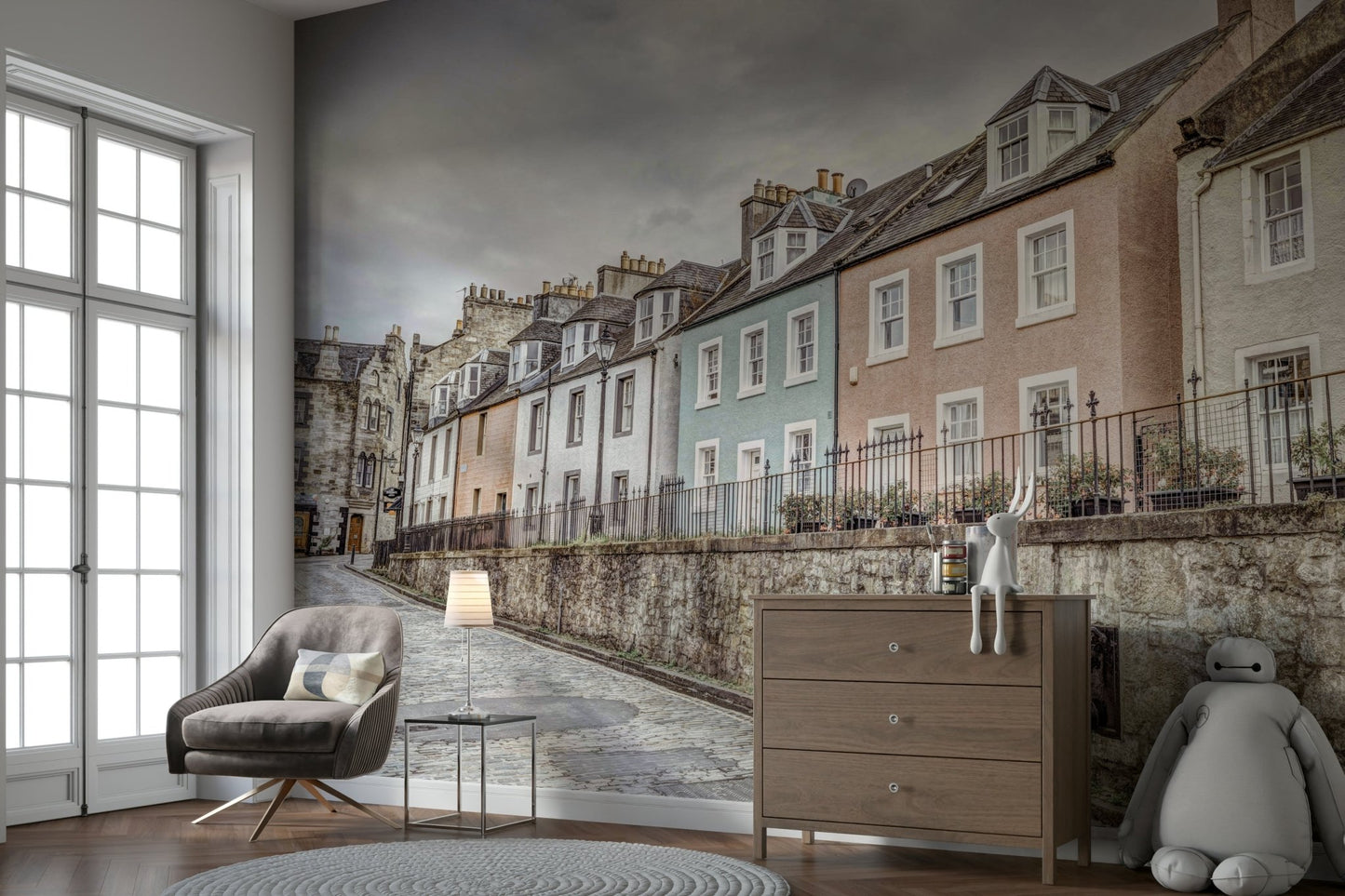 Heritage-style homes mural with soft tones


