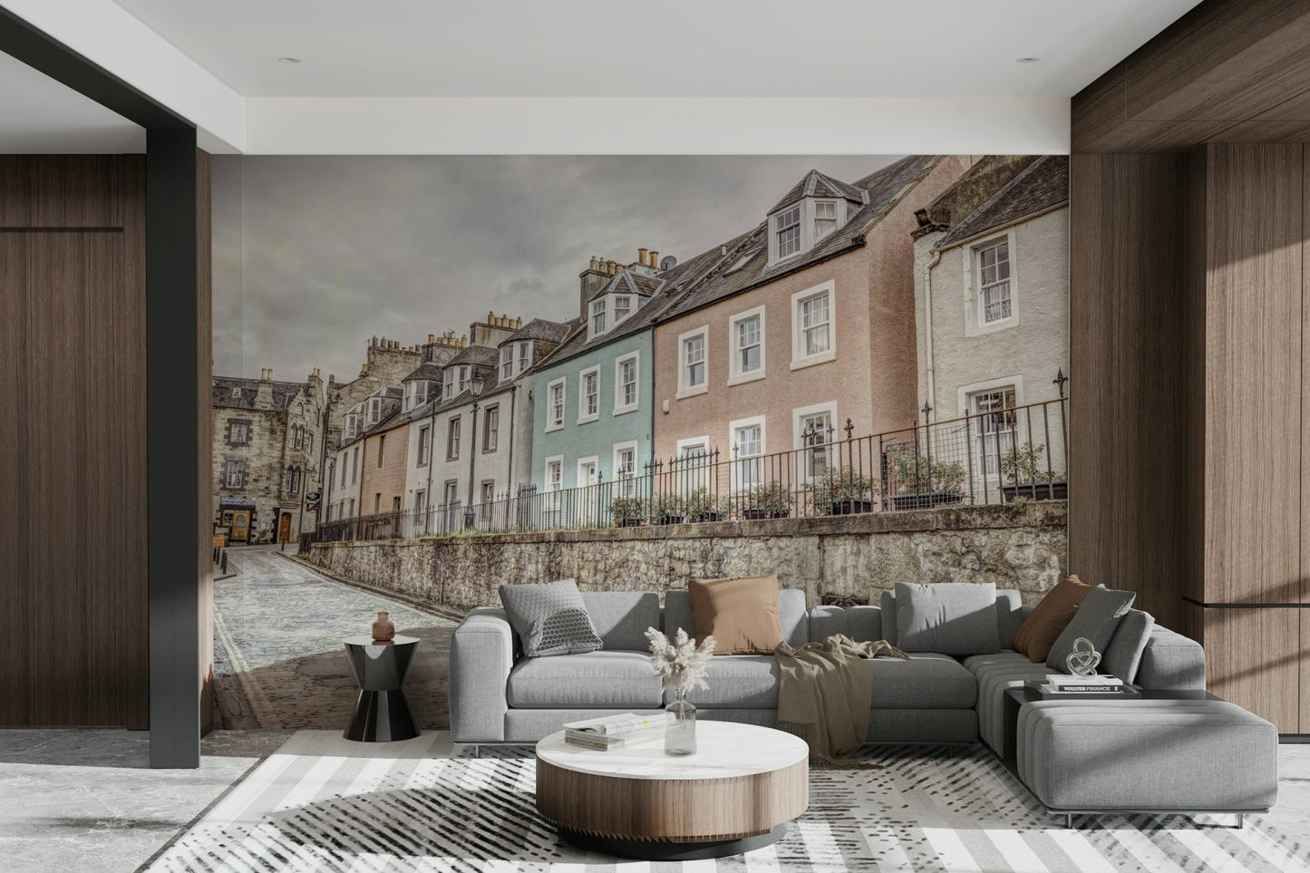 European street scene mural with pastel houses

