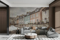 European street scene mural with pastel houses

