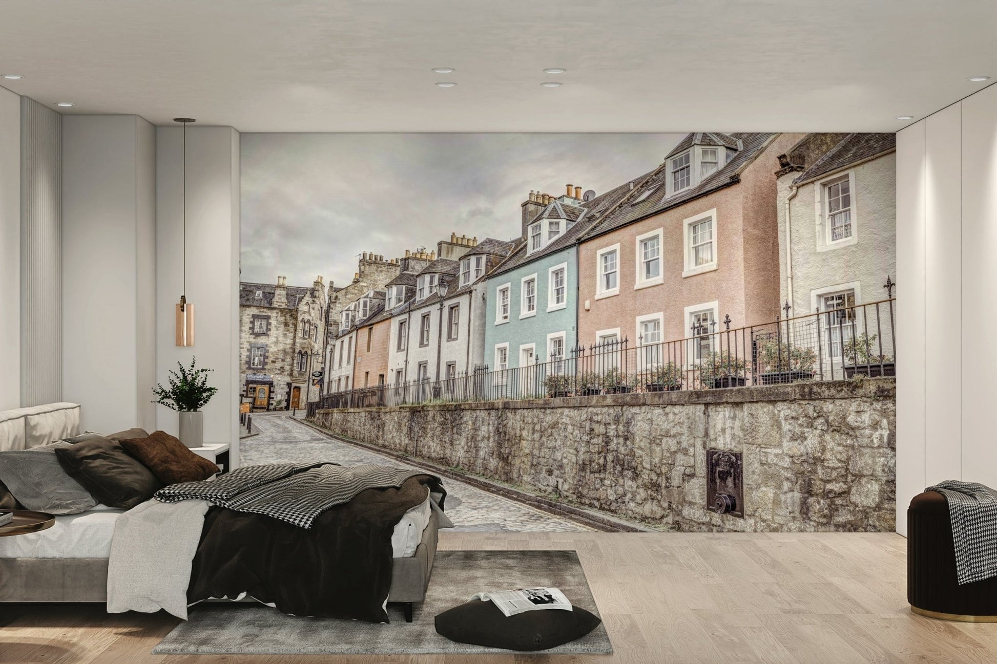 Pastel-colored houses in historic Scottish town

