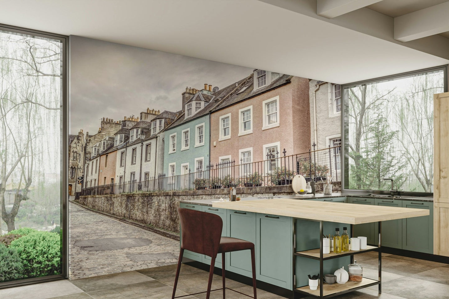 Wall mural with cobbled street and cottages

