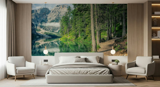 Living room styled around South Tyrol Landscape Wall Mural with a quiet lakeside forest view