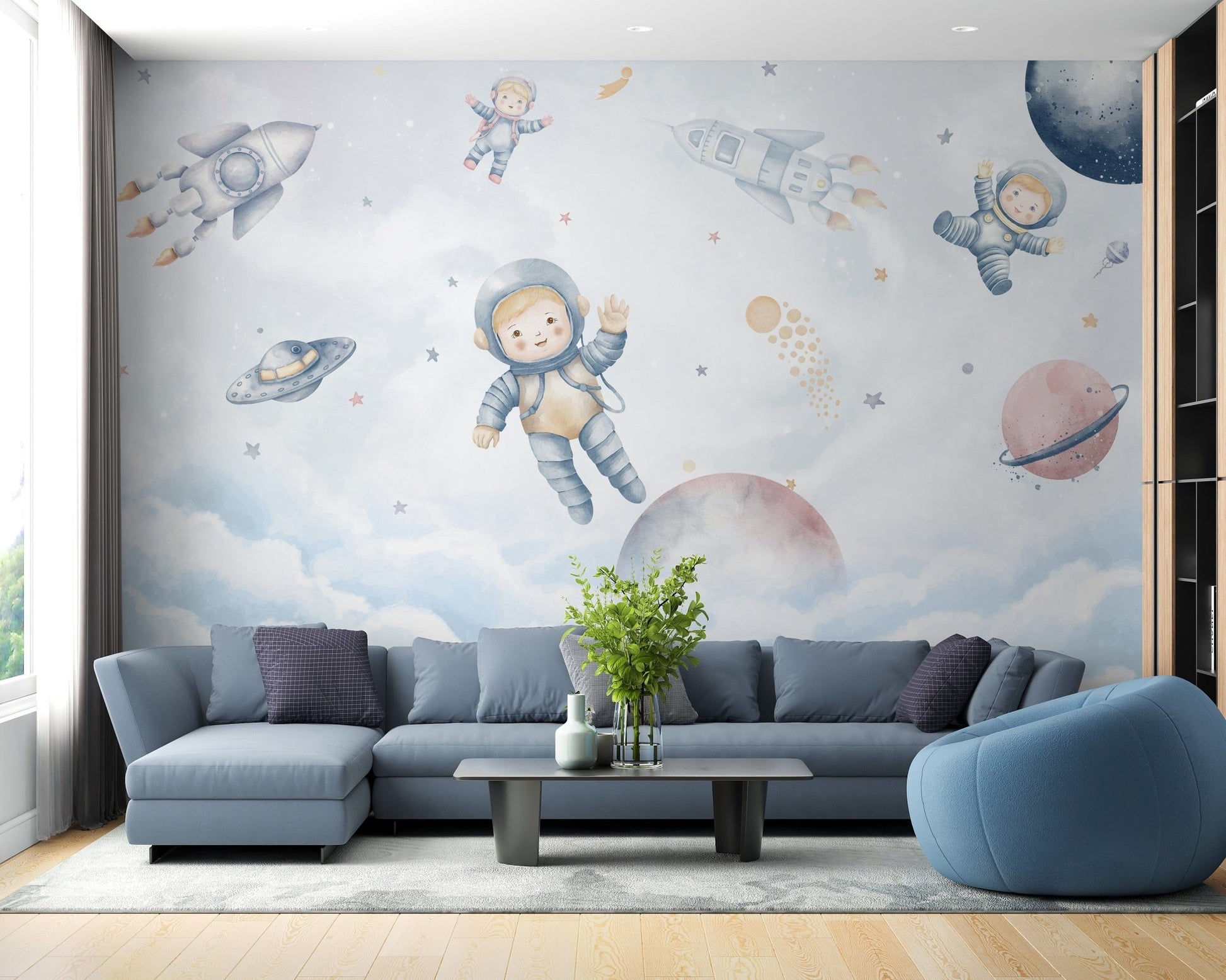 Adventurous space wallpaper with cute astronauts and planets, C50