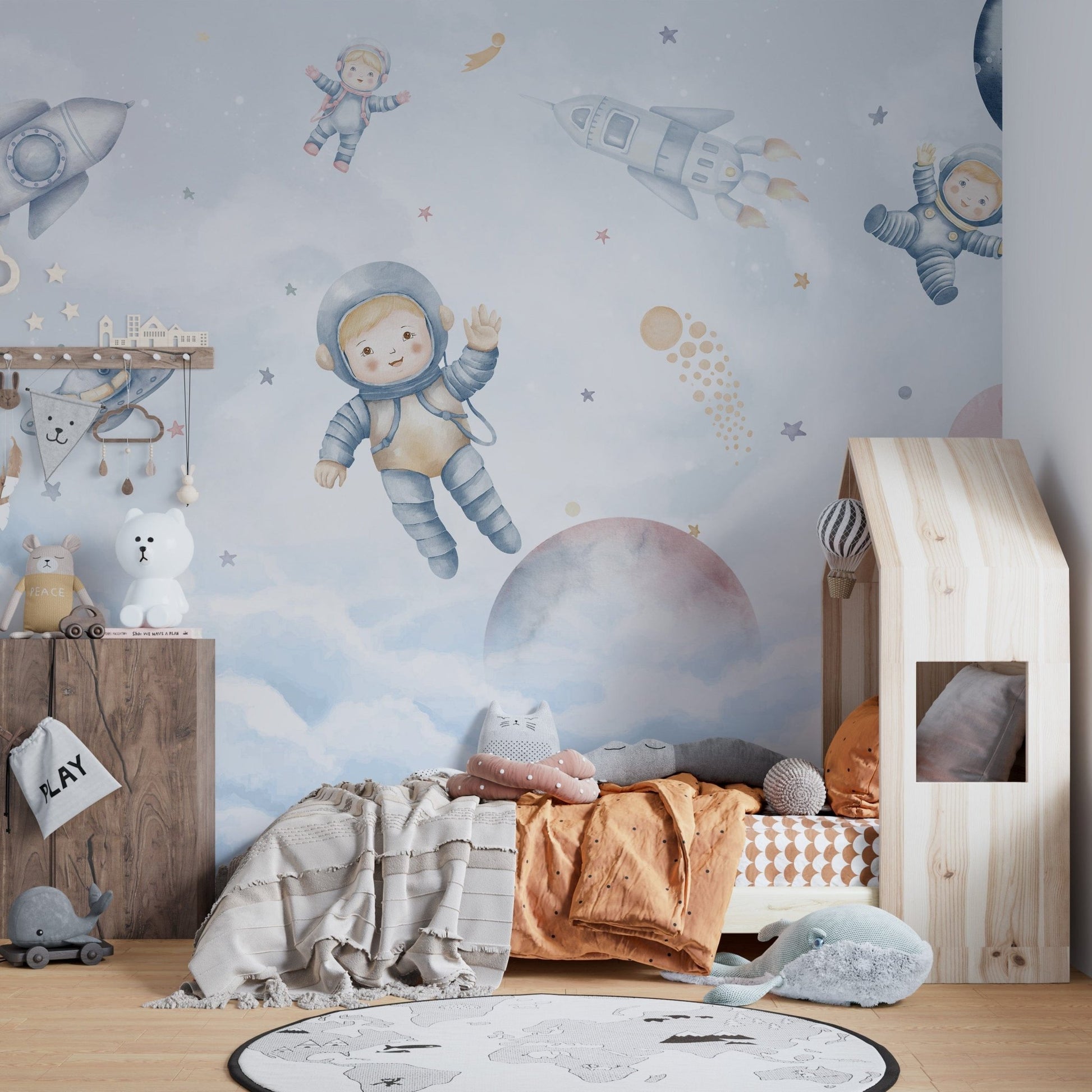 Whimsical space adventure wallpaper with rockets for kids., C50