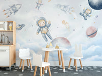 Playful astronaut and spaceship wallpaper for kids' walls., C50