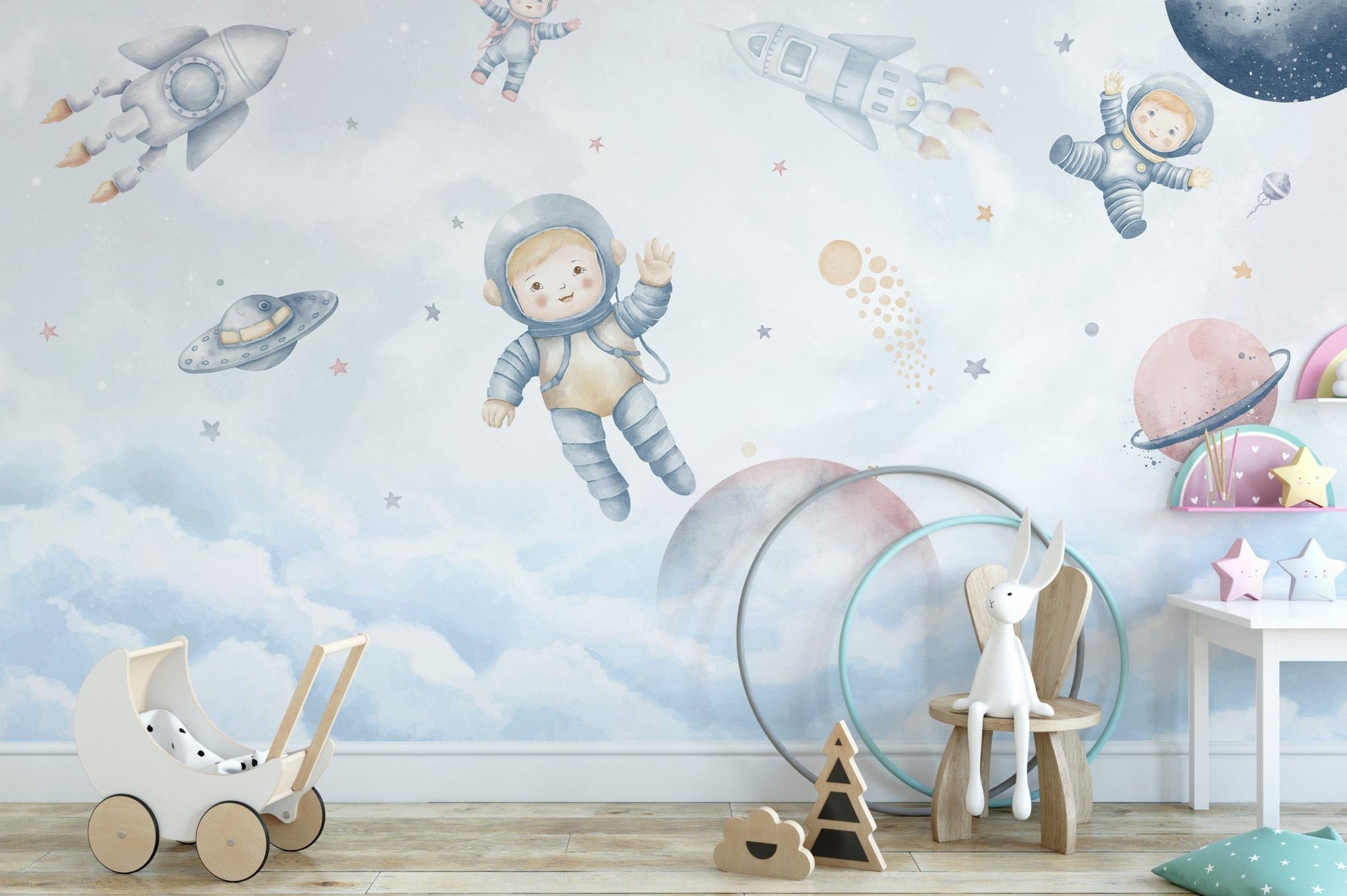Astronaut kids exploring planets on space wallpaper., C50
