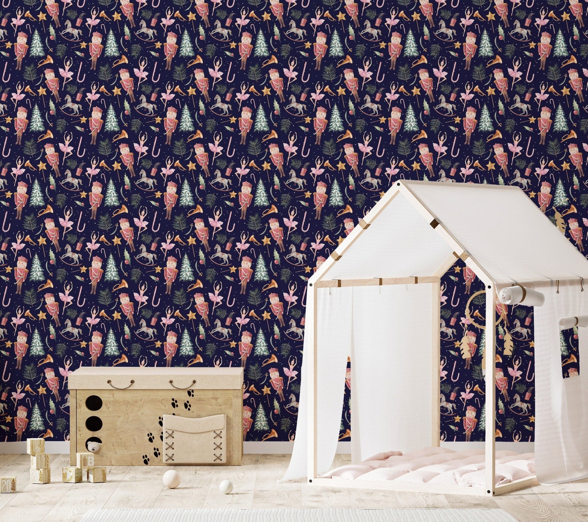 Festive wallpaper featuring dancing dolls
