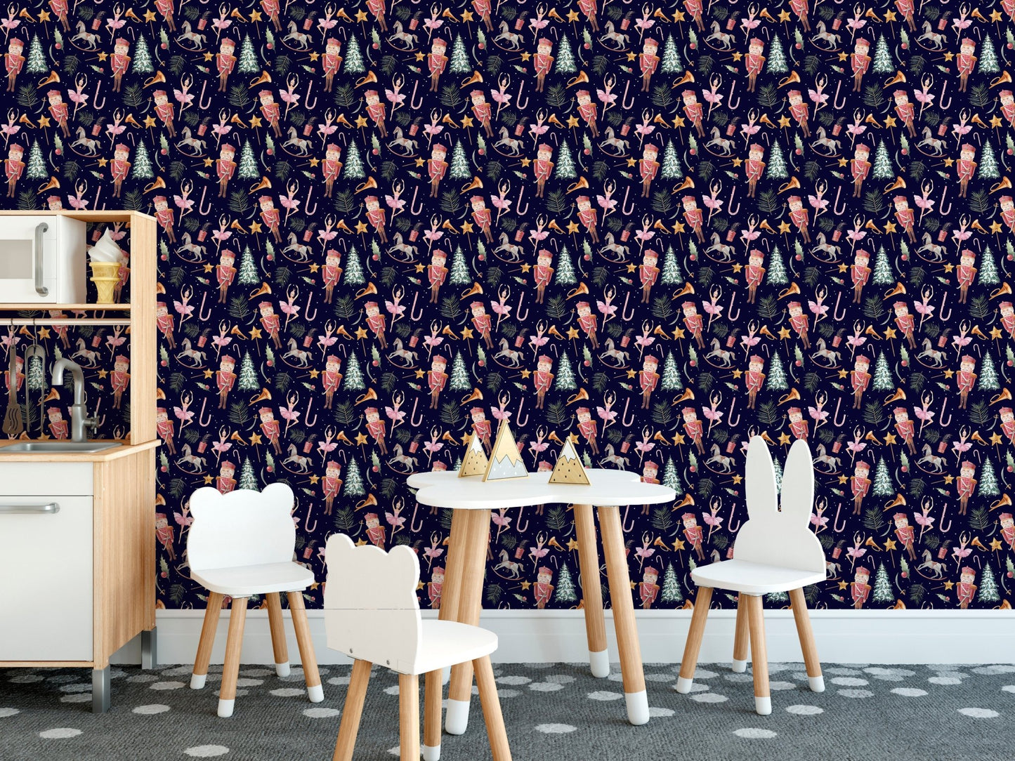 Christmas wallpaper with playful dolls
