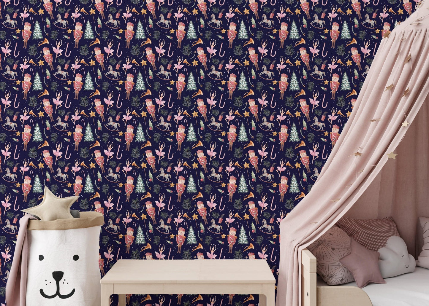 Festive holiday wallpaper with dolls
