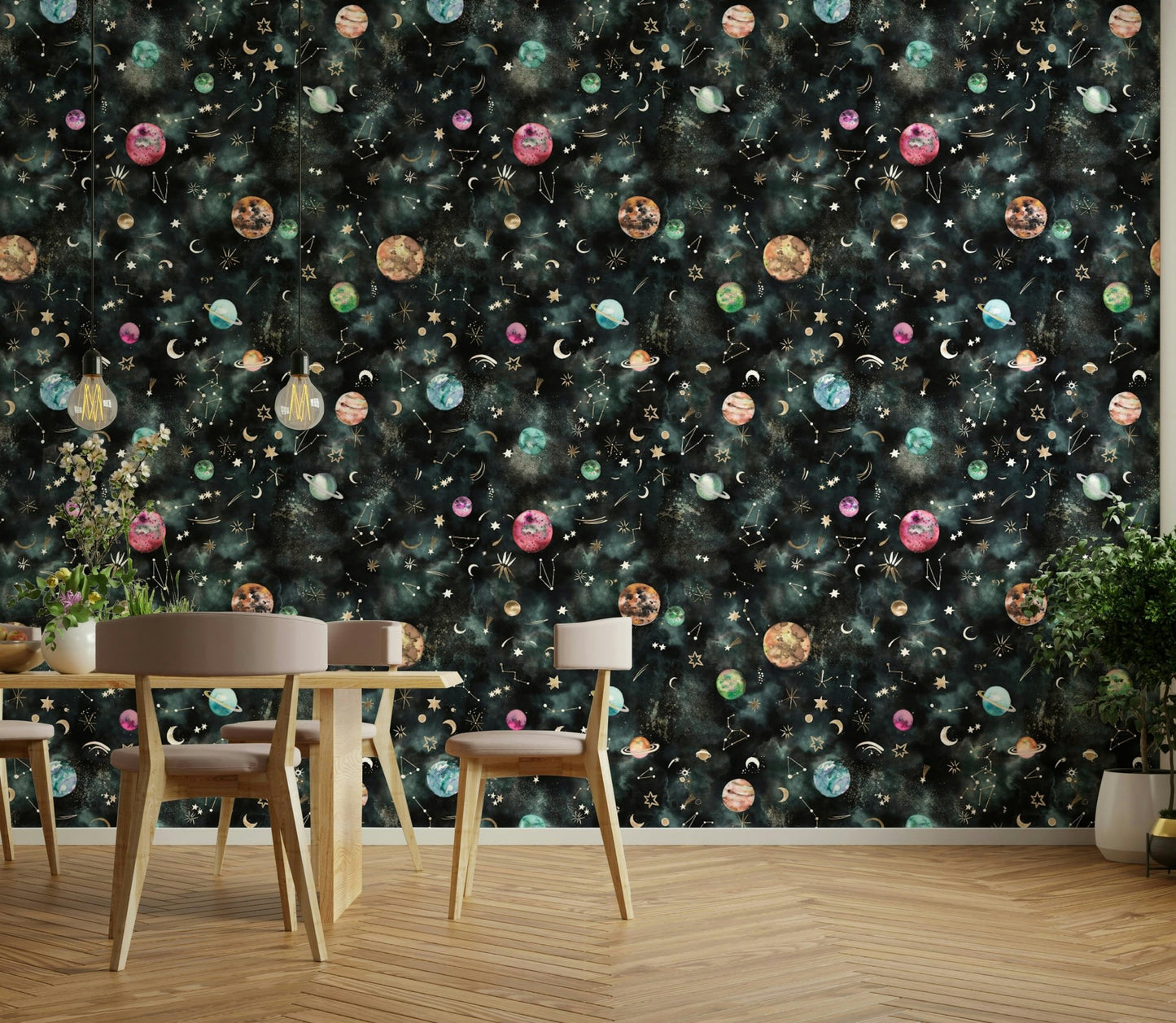 Blue cosmic wallpaper with planets and constellation patterns

