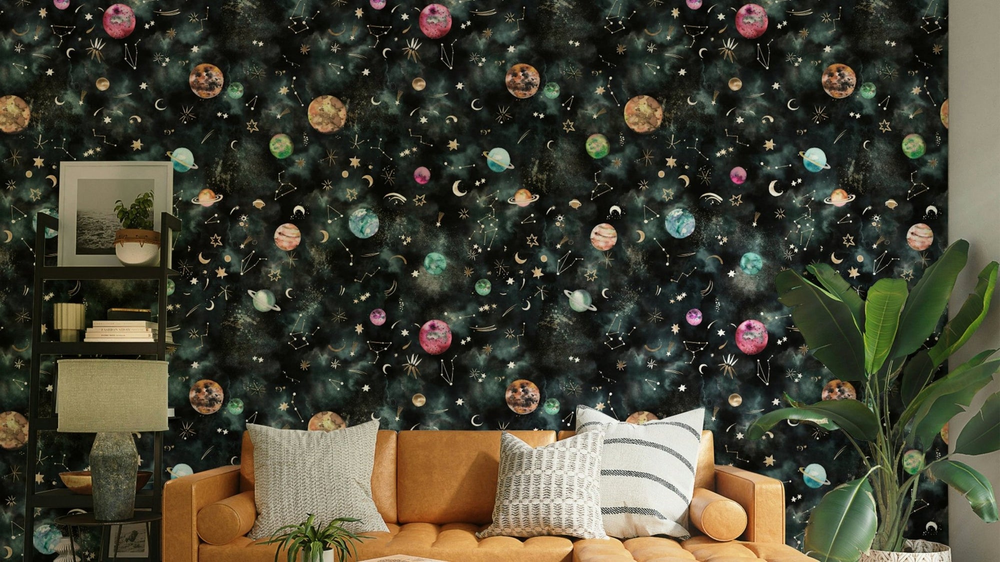 Galaxy wallpaper in blue with detailed planets and constellations, GD1300