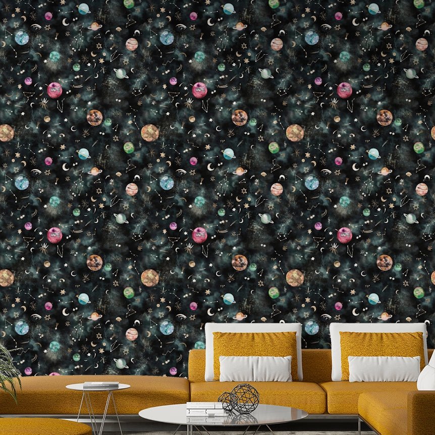 Space-themed wallpaper with blue galaxy, stars, and planets