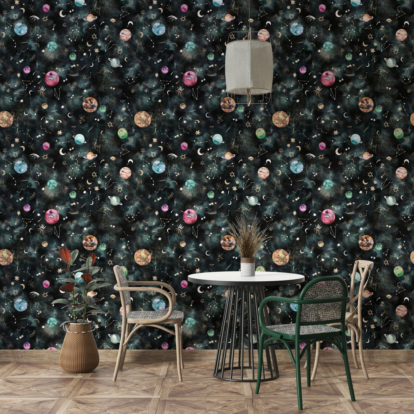 Blue space wallpaper featuring galaxy, planets, and constellations

