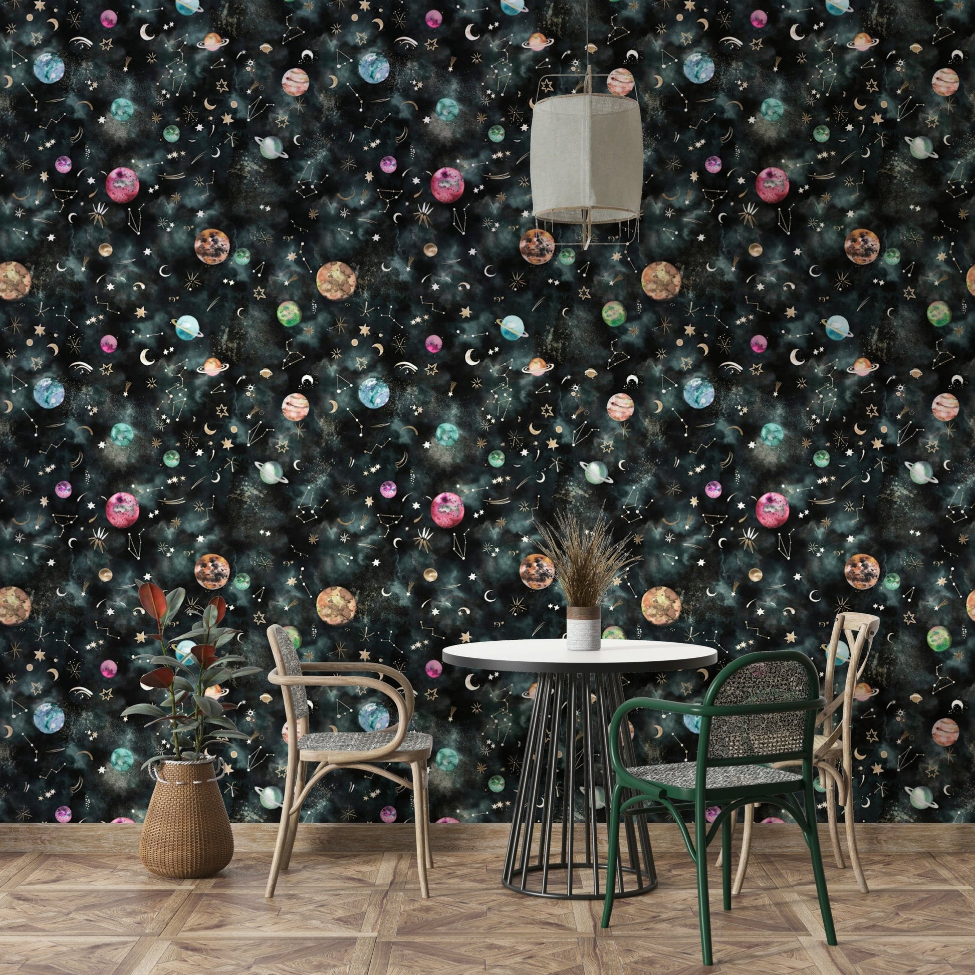 Blue space wallpaper featuring galaxy, planets, and constellations

