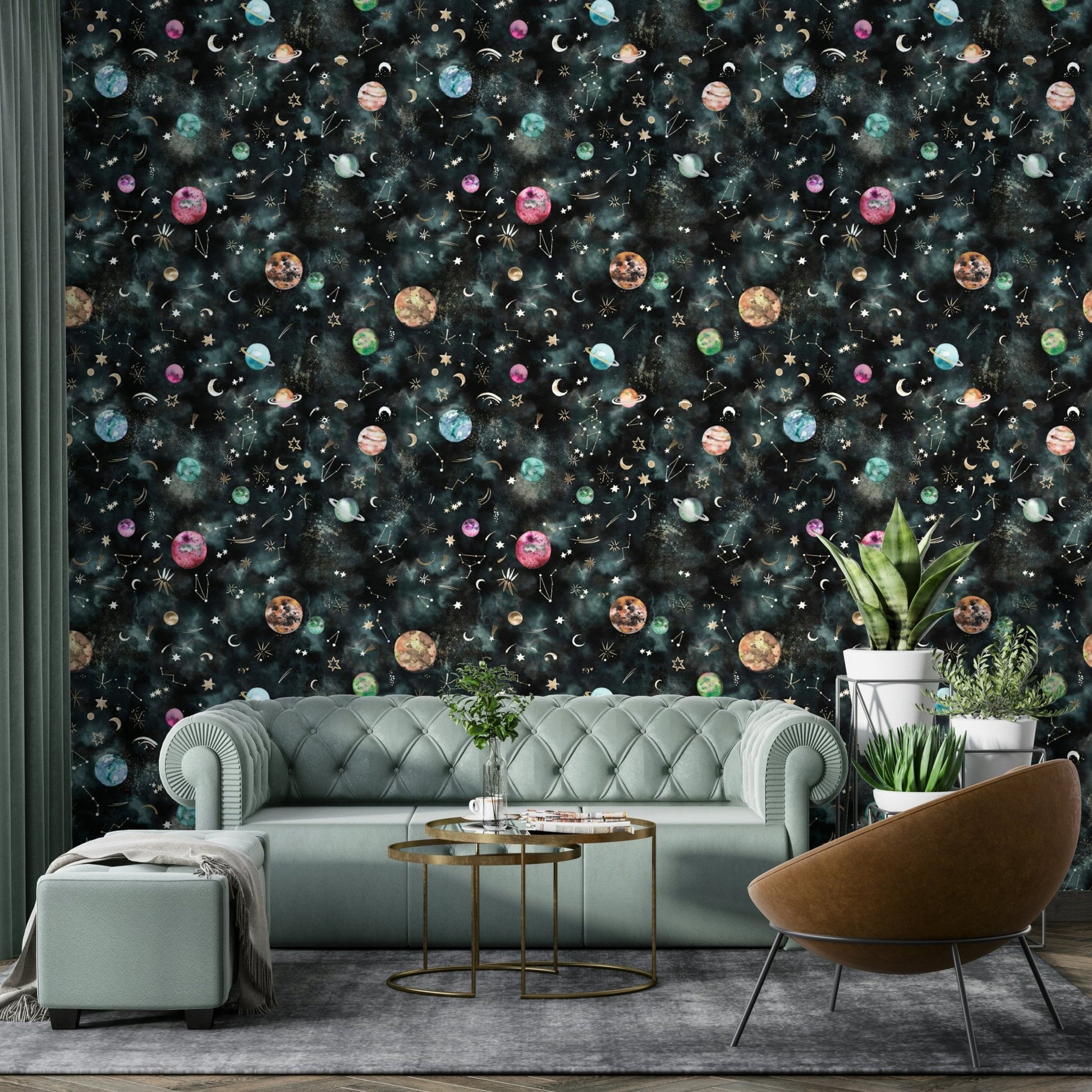 Planets and constellations wallpaper with deep blue space theme