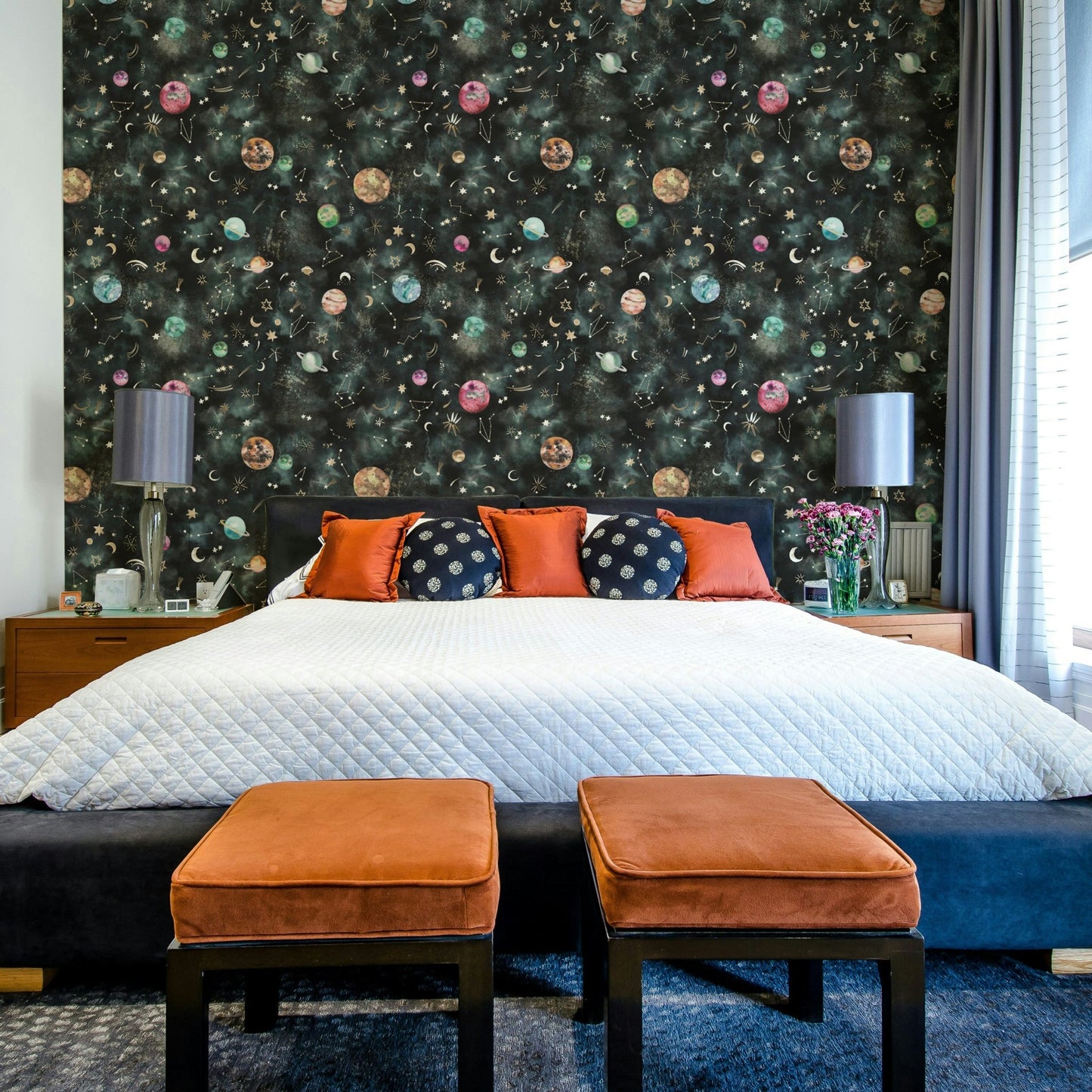 Cosmic wallpaper showcasing blue planets and constellation designs