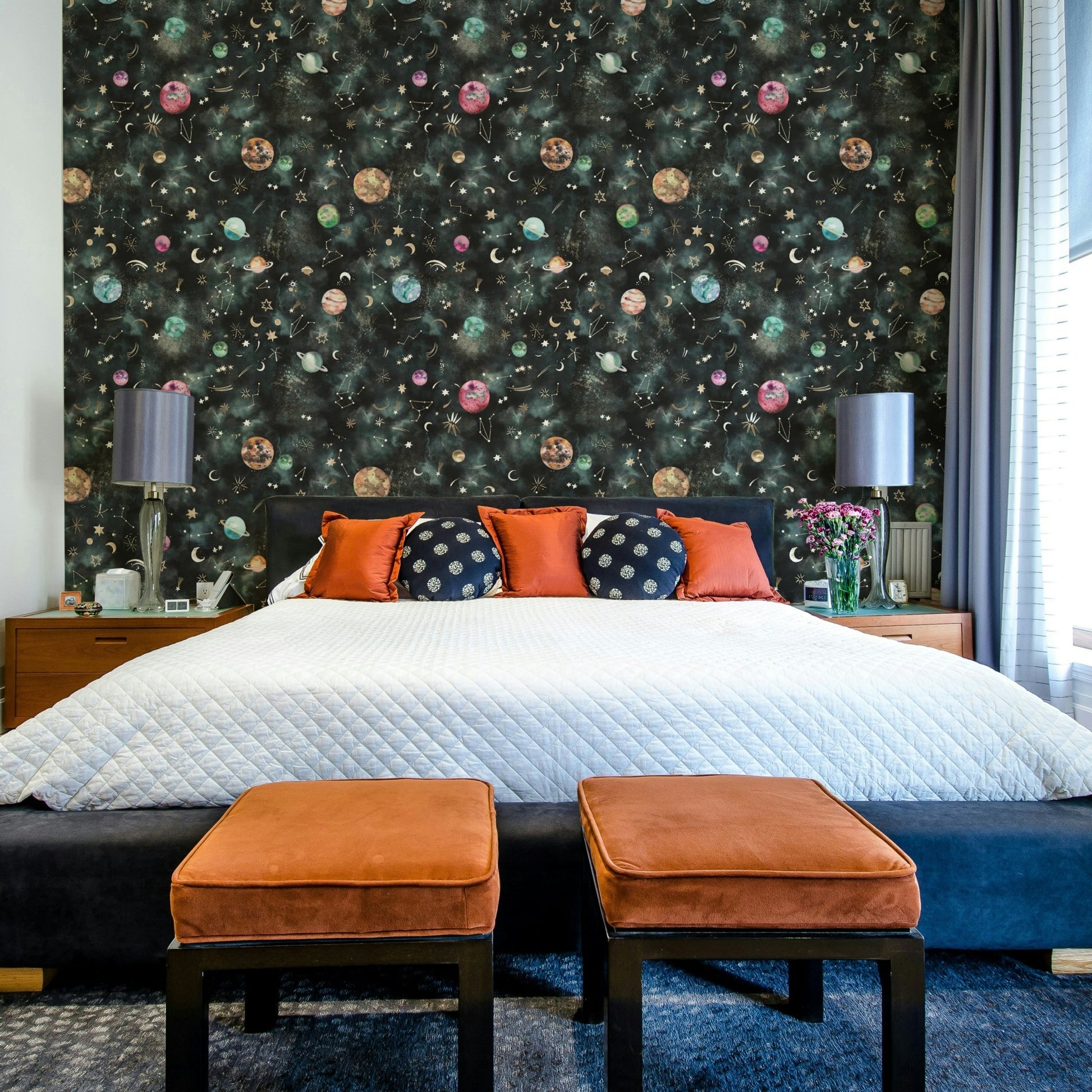 Cosmic wallpaper showcasing blue planets and constellation designs