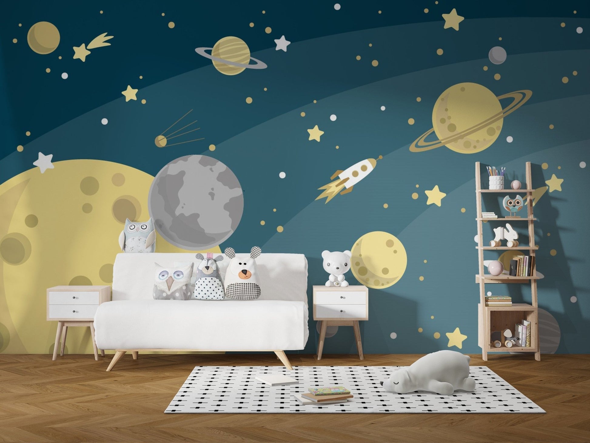 Cosmic stars and planets mural design
