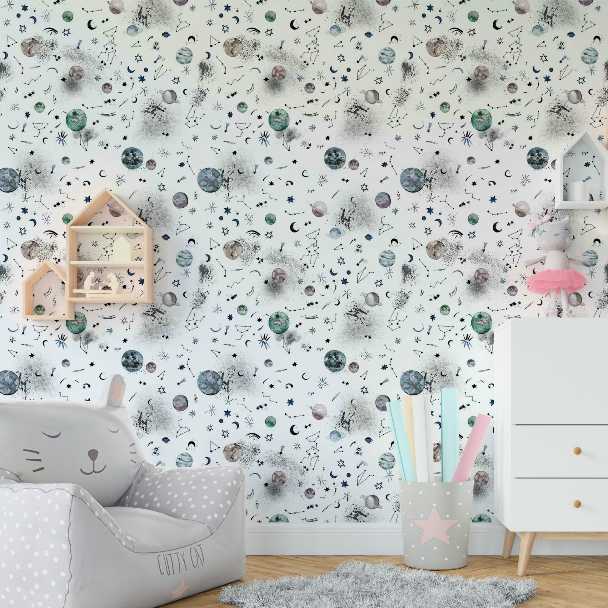 Space-inspired mural with galaxy and starry sky.