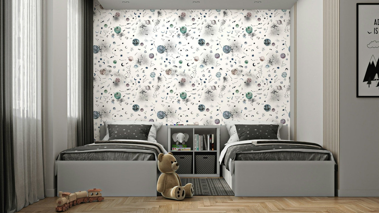Wall mural of the galaxy, planets, and constellations.
