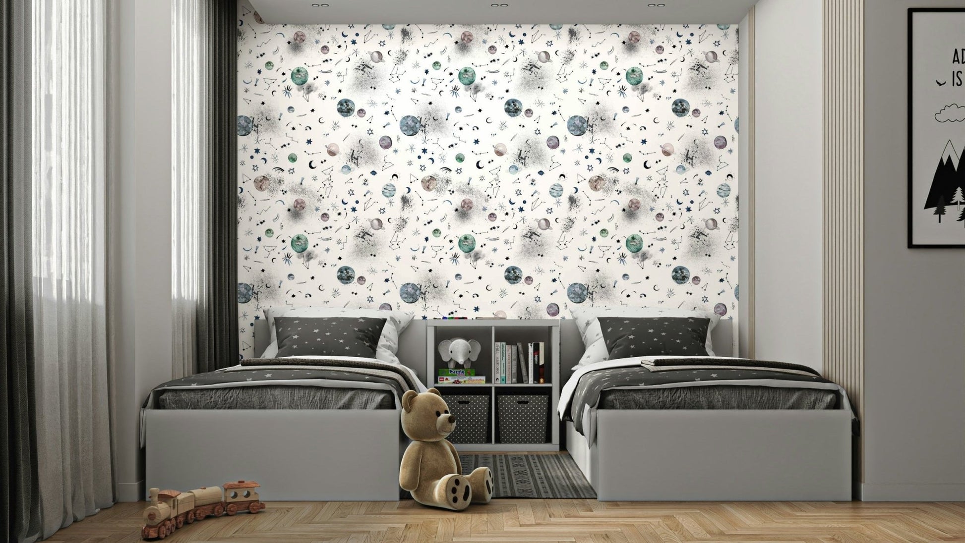 Wall mural of the galaxy, planets, and constellations.