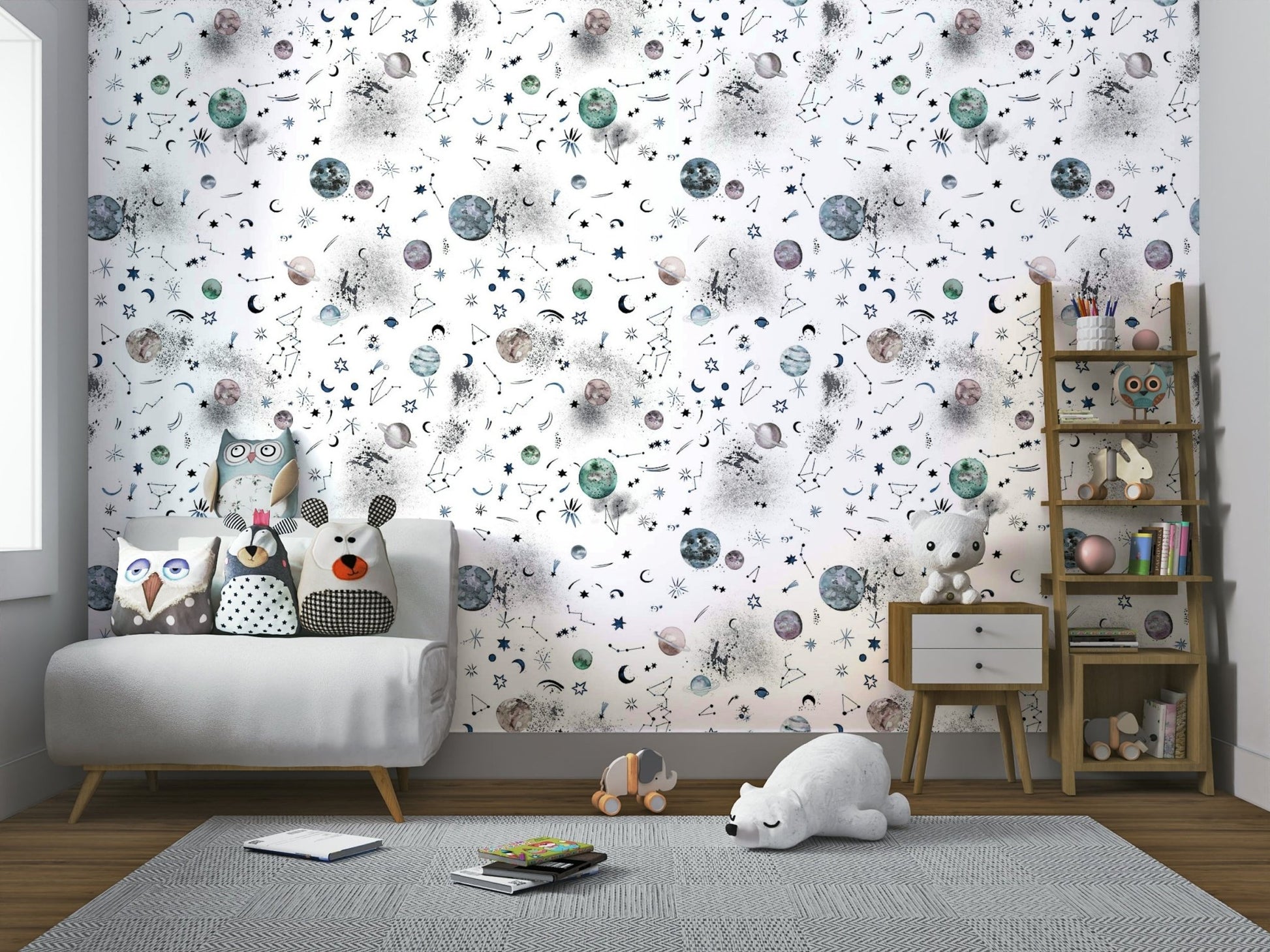 Cosmic wallpaper with planets and star constellations.