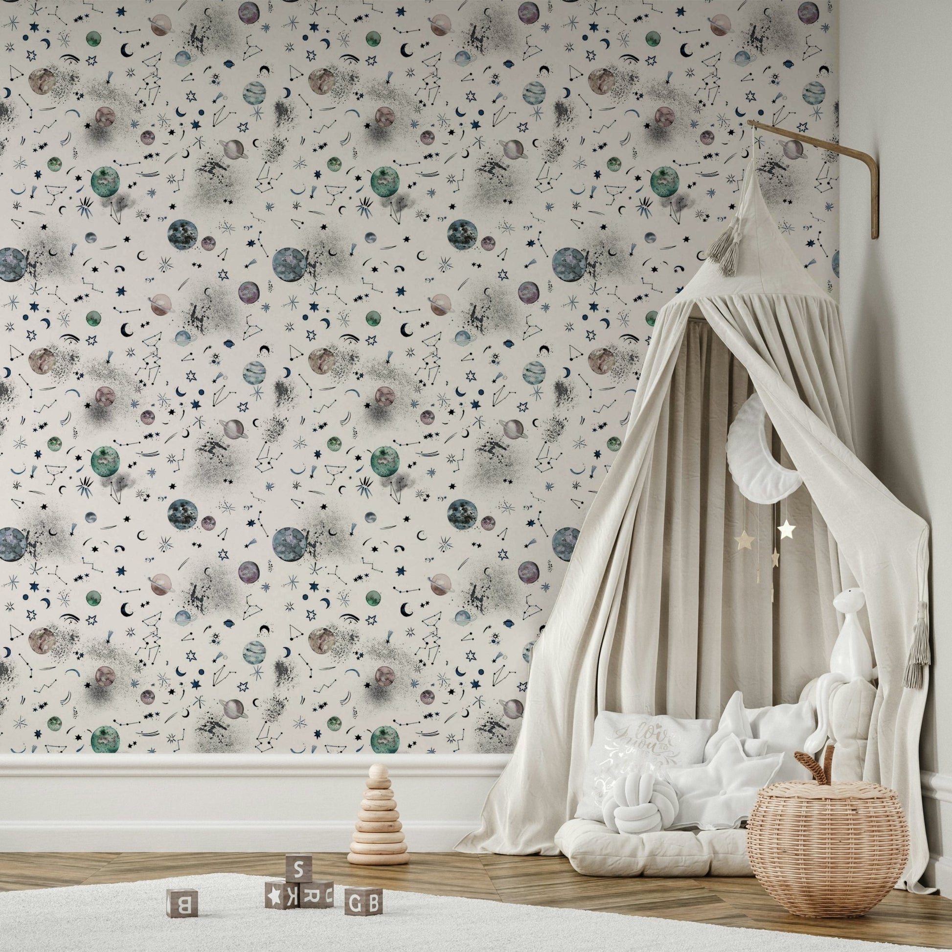 Cosmic wallpaper showing the night sky and planets.