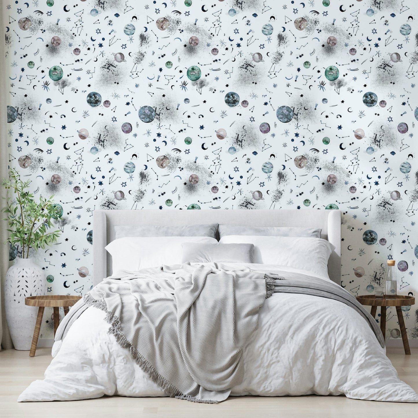 Galaxy wallpaper with planets and constellations.