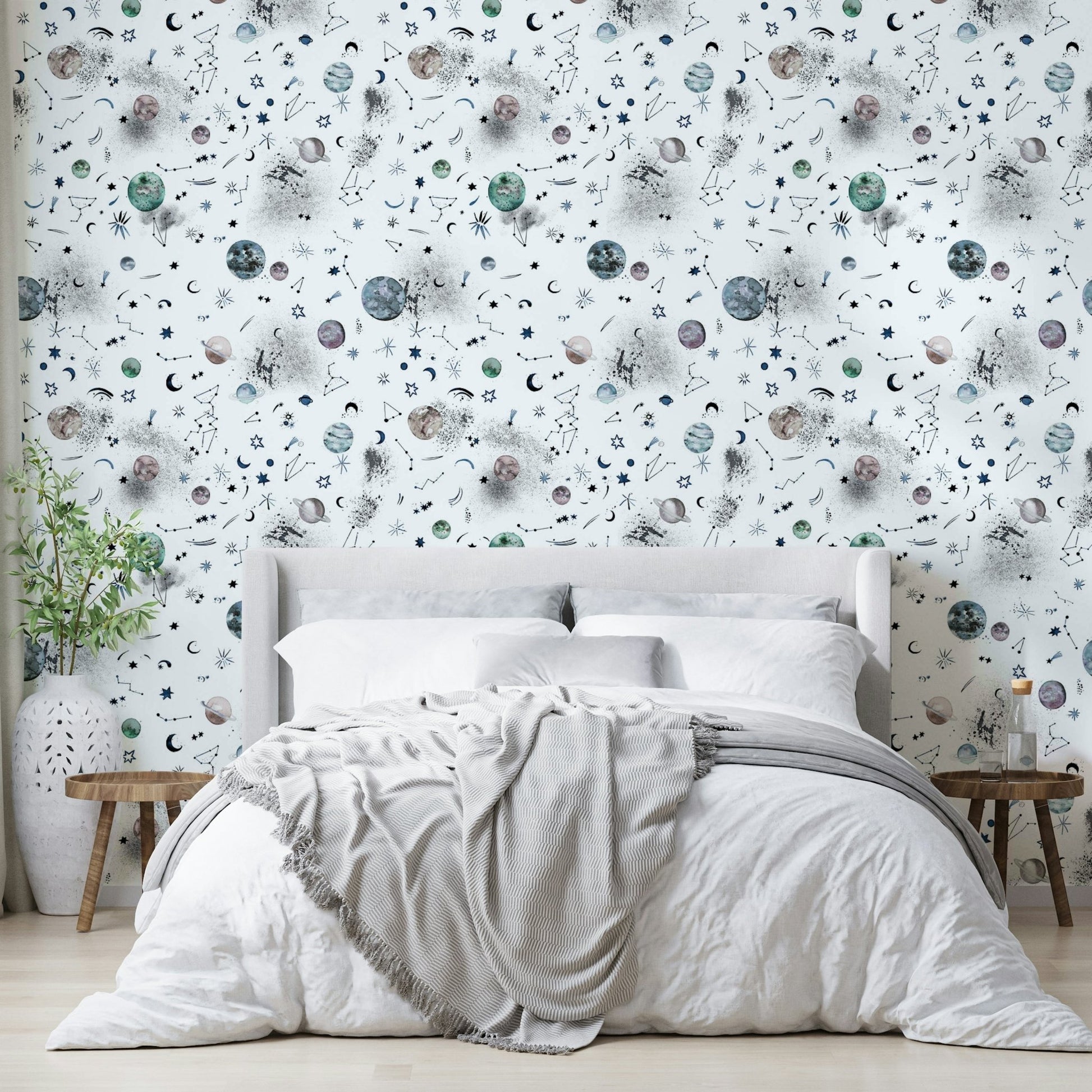 Galaxy wallpaper with planets and constellations.
