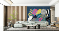 Galaxy-led wall mural of spaceship with deep navy backdrop and silver starbursts, GD6194