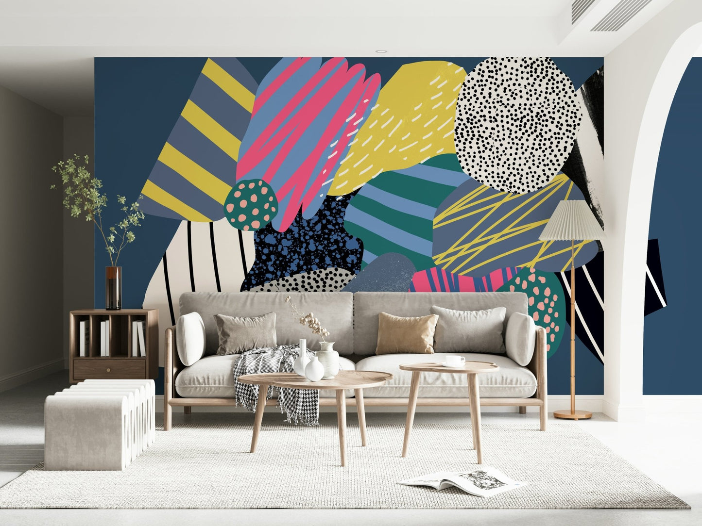 Spaceship Wall Mural in midnight blue, deep navy, silver, purple, and starry white, GD6194