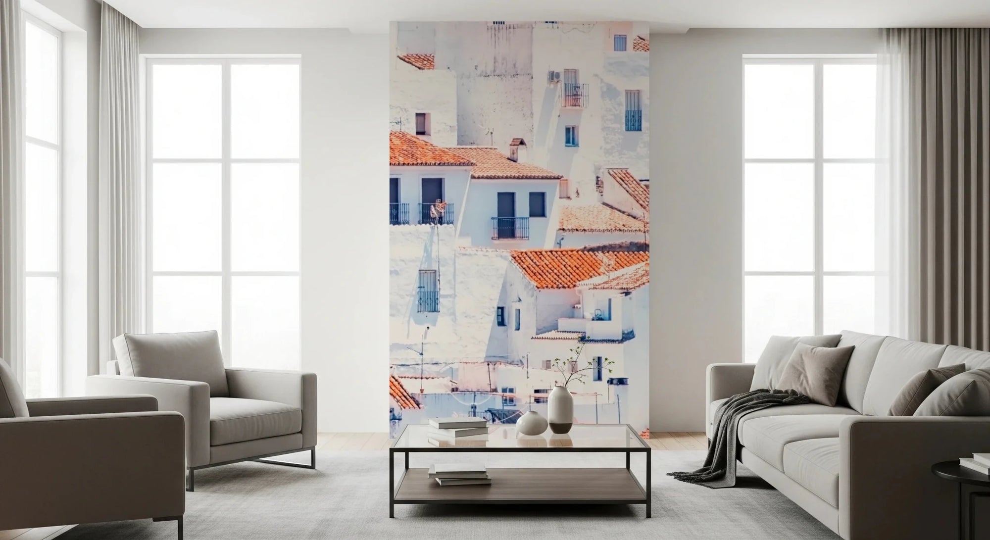 Living room with Spanish Townscape Wall Mural and white hillside homes, GD8063