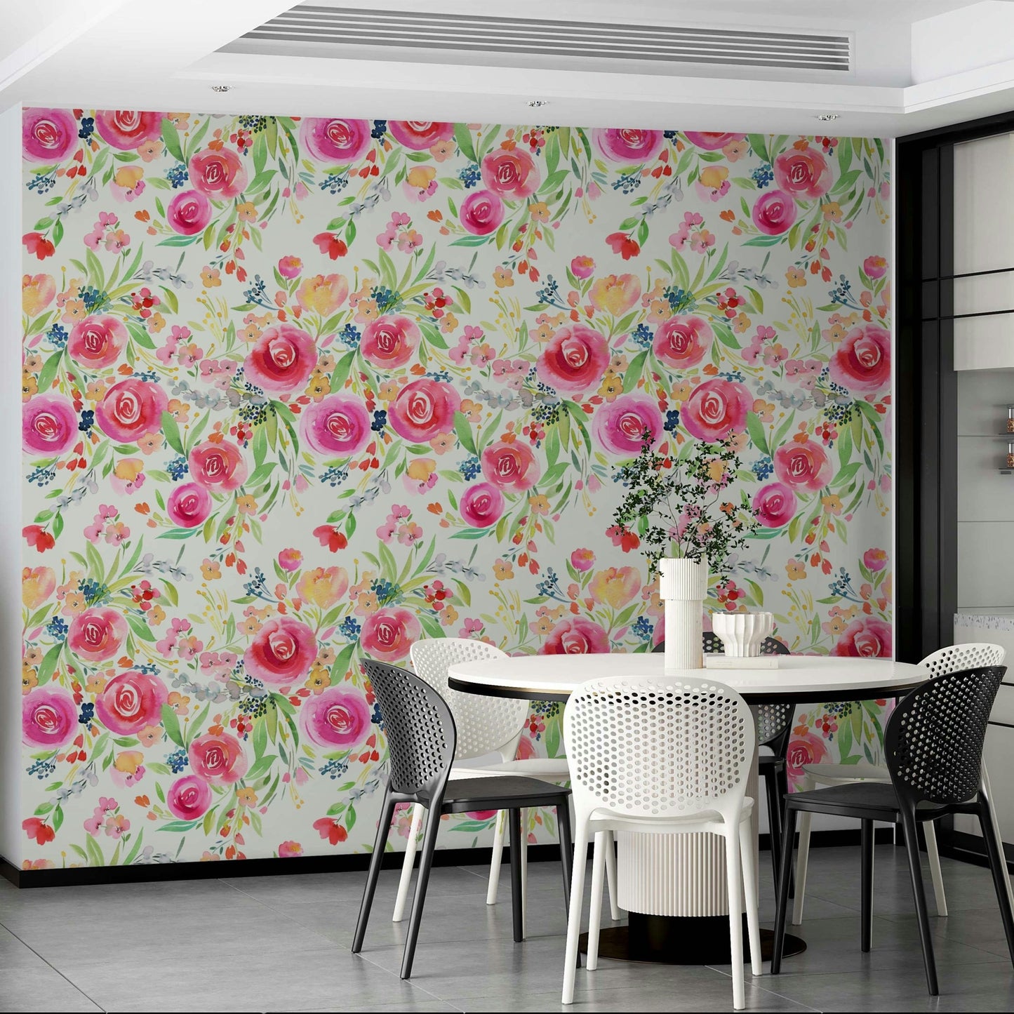 Whimsical wallpaper with spectacular roses and floral nature design

