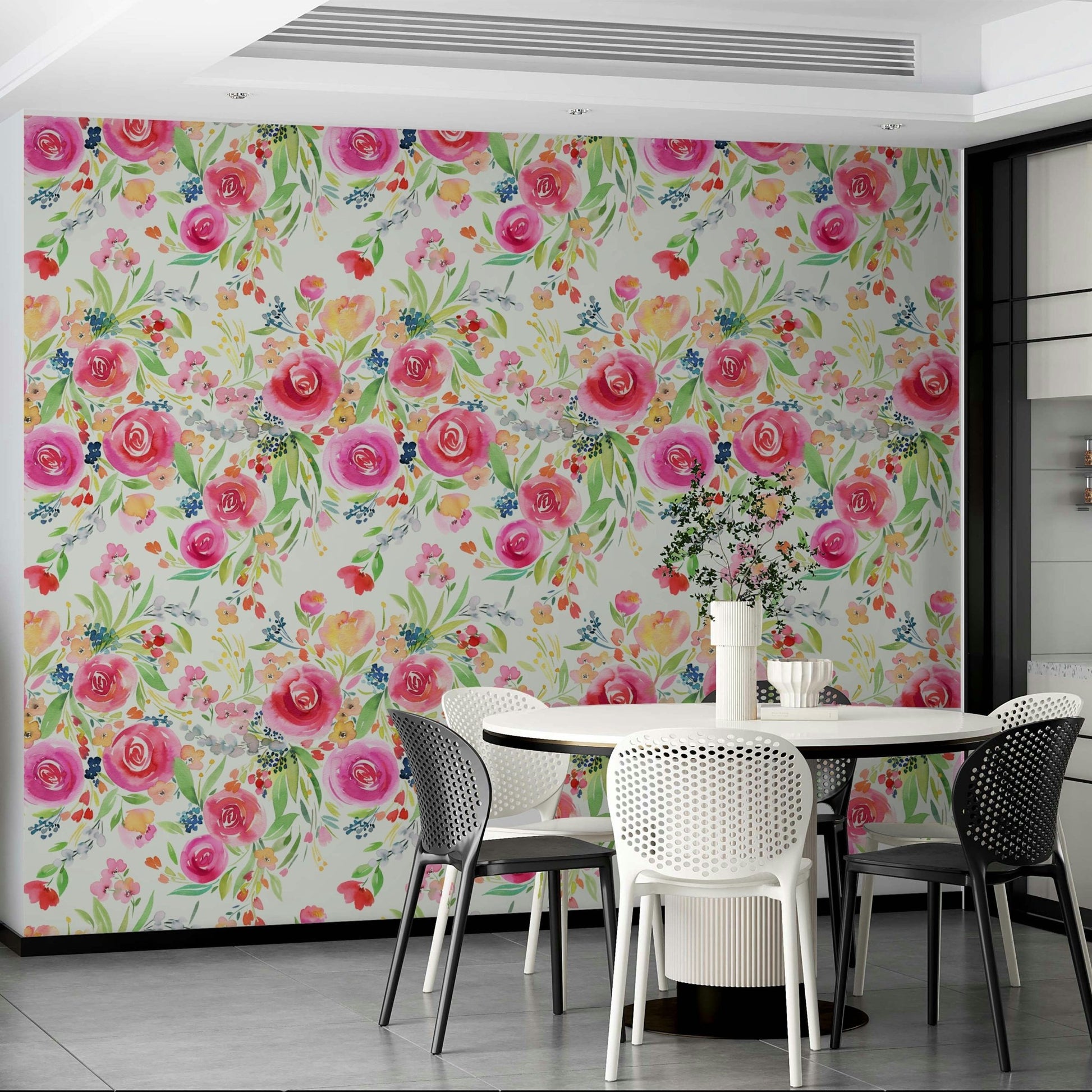 Whimsical wallpaper with spectacular roses and floral nature design

