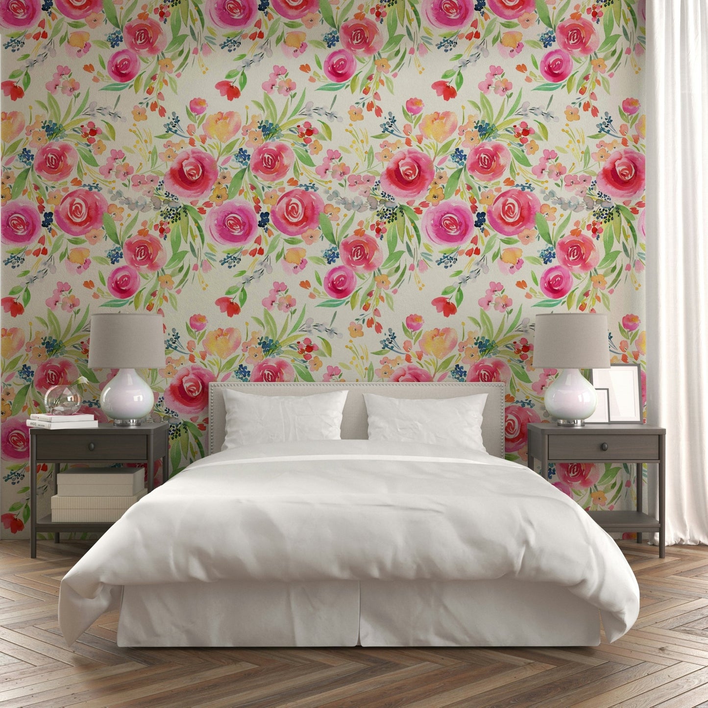 Bright and whimsical floral wallpaper with spectacular roses

