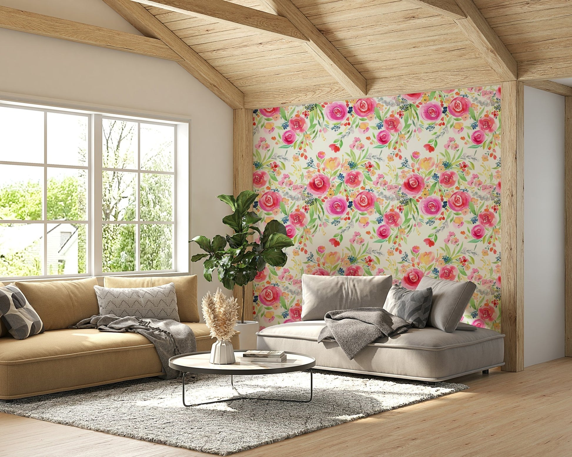 Nature-inspired wallpaper featuring whimsical roses and flowers

