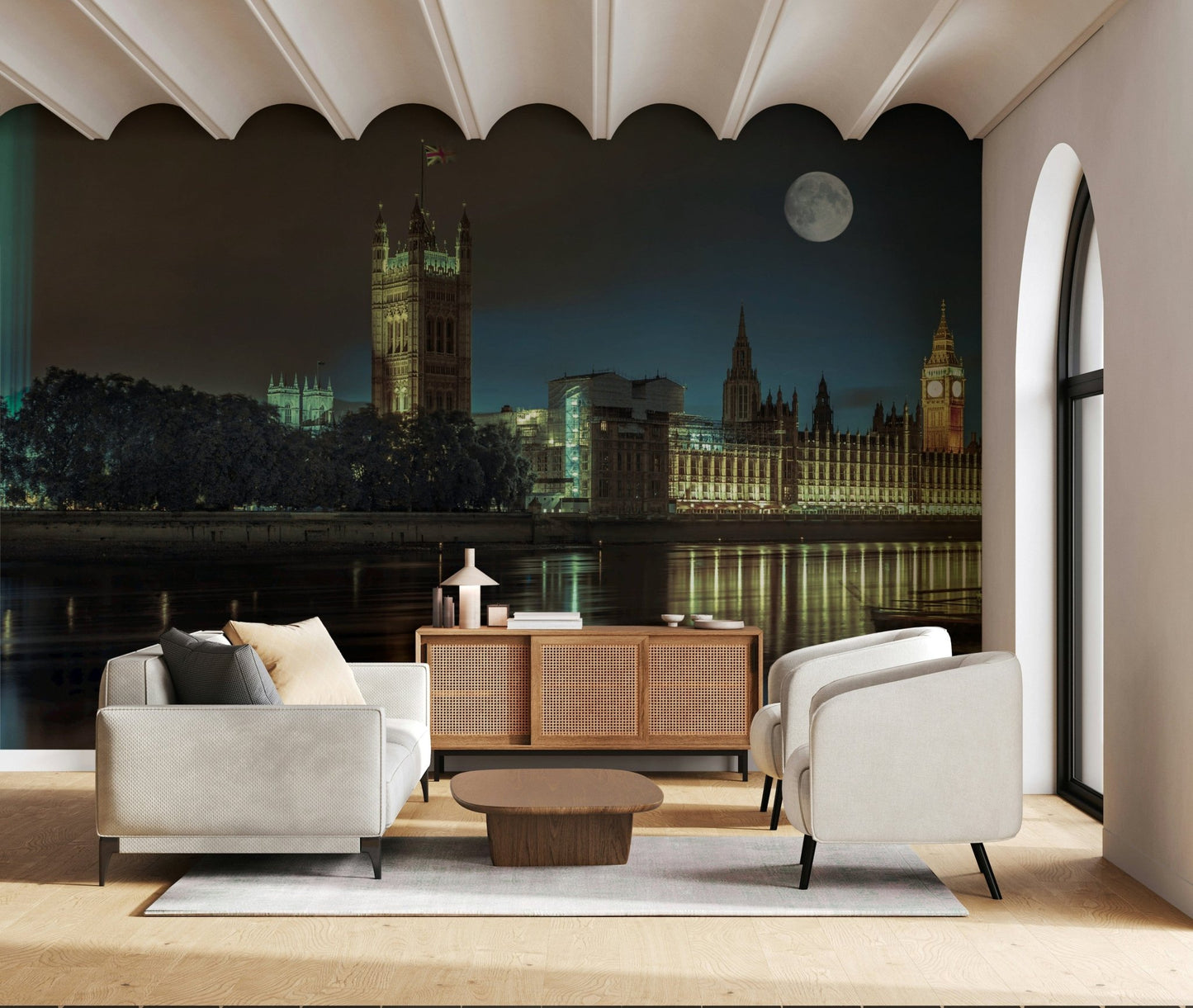 Architectural Spectra Westminster mural, majestic tower reflection art.